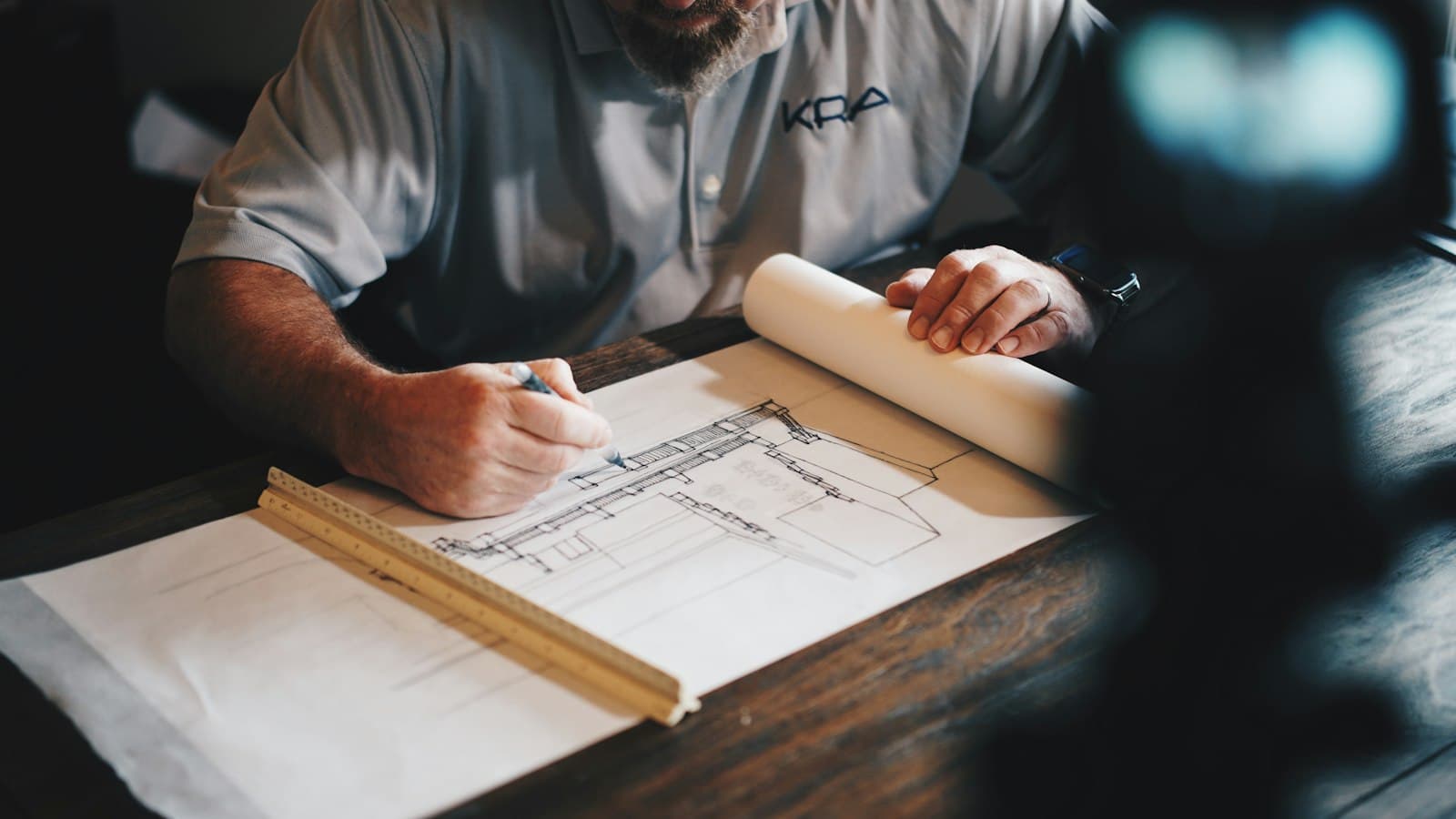 Architectural drawings spread across a table with a pencil and a scale.